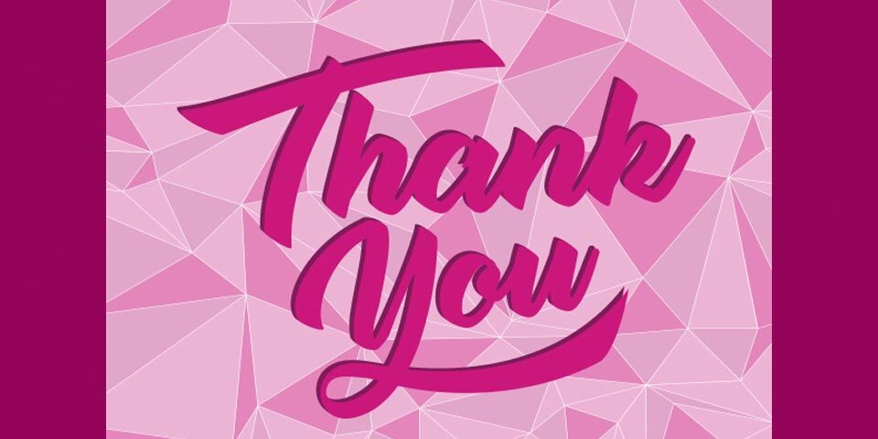 Pink banner with the message “Thank You” spelled out in script font. The background is a crystal pattern.