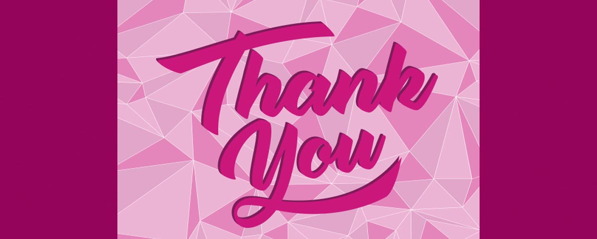 Pink banner with the message “Thank You” spelled out in script font. The background is a crystal pattern.