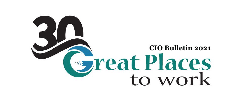 Logo for CIO Bulletin 2021. Graphic show the award of being 30 great places to work. The 30 is displayed to the top right in black with a wave design. The G in great places is created from a blue and green swirl designs.