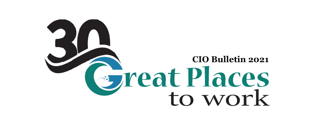 Logo for CIO Bulletin 2021. Graphic show the award of being 30 great places to work. The 30 is displayed to the top right in black with a wave design. The G in great places is created from a blue and green swirl designs.