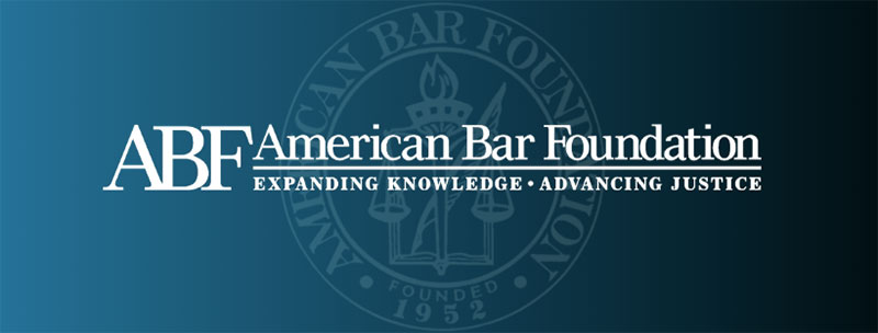 ABF American Bar Foundation graphic. On a blue and black gradient background the text of the foundation is spelled out. A crest is seen in the background overlaid.