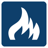 An image of a white flame on a blue square background. This is used for RK Law's Arson Fraud icon.