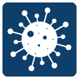 An image of a virus representing COVID-19 on a blue background. RK Law uses this image for their COVID-19 Claims practice area.