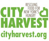 A logo for the City Harvest organization. Green bold text and a heart graphic towards the top right.