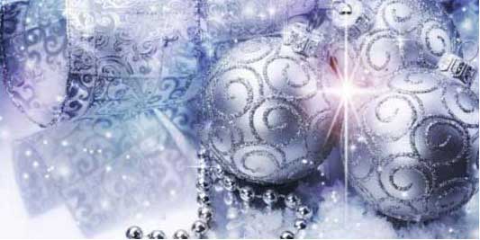 The graphics that has a winter holiday theme. Shows Christmas tree ornaments with snow flurry effect. Graphic has purple and blue tone.
