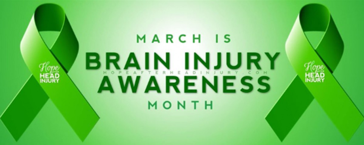 The graphic shows a green banner promoting brain injury awareness month. Green ribbons are shown on both sides of the images. Green text with details sits in middle.