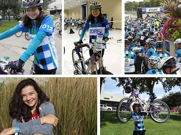 A collection of images of a young woman bicyclist. Images promote Rebar Kelly’s sponsorship of the rider in a fundraiser race. Top images show racer in uniform and helmet. Bottom left is a profile shot of the young women. Image on bottom right shows the racer holding her bike in the air.