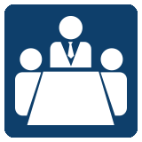 An image of 3 business employees at a conference table on a blue background. RK Law uses this for their Management Liability practice area.