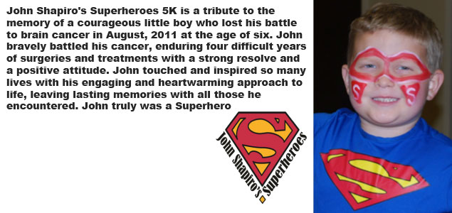 An Image of john Shapiros superhero’. This is a tribute a young man who lost is life to brain cancer. His memory is lived on through his organization that hold an annual 5k race to raise money for curing brain cancer.