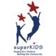 A logo for superKids organization. The organization is a charity dedicated to raising money for abused children. The logo shows two kid silhouette figures paired with red organic stars.