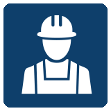 A white silhouette of a construction worker on a blue background. RK Law uses this for their Workers' Compensation practice area.