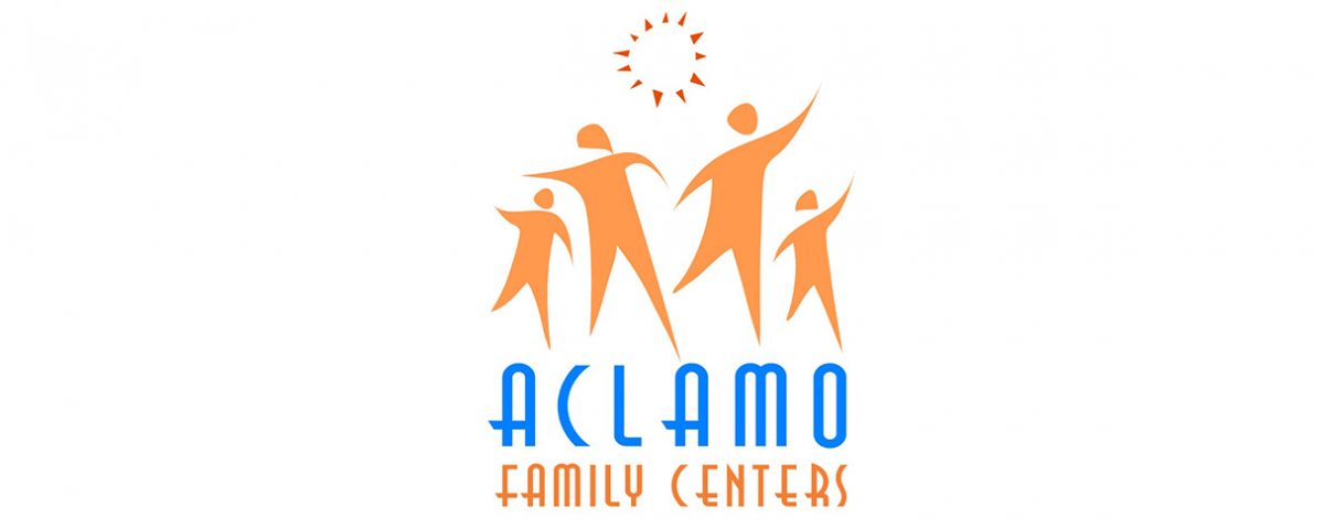 A logo for Aclamo Family Centers. Logo shows four orange human figures with an organic sun design in the center. Below is text in Blue and orange.