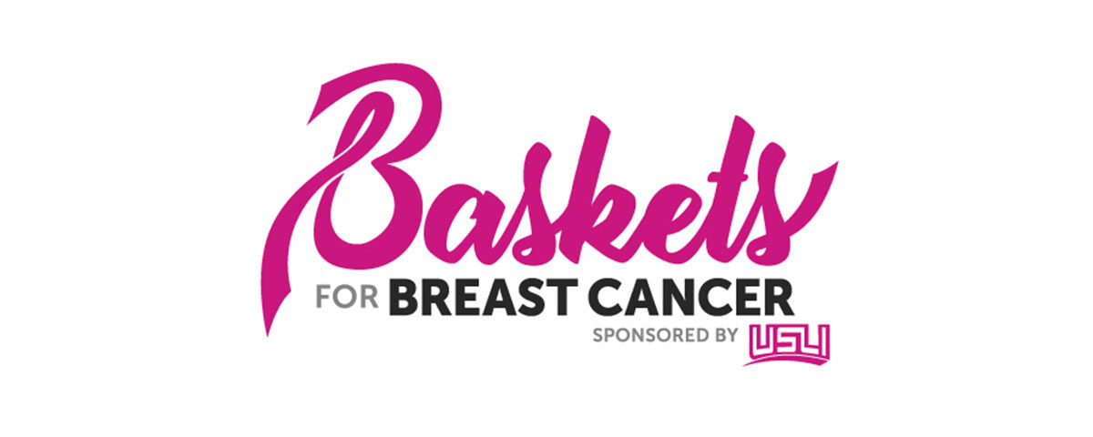 Baskets for breast cancer logo, Baskets spelled out pink text in a script font towards the top. Below is gray and black text (for BREAST CANCER). Towards the very bottom the sponsor USLI is listed.
