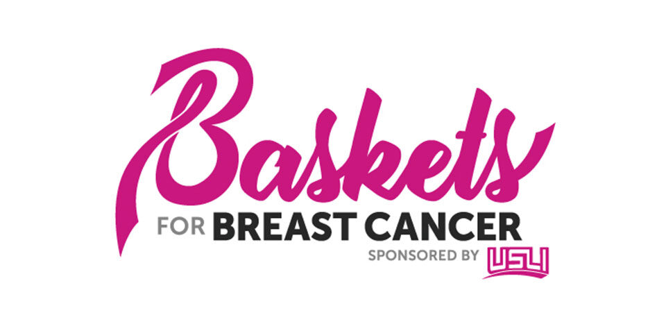 Baskets for breast cancer logo, Baskets spelled out pink text in a script font towards the top. Below is gray and black text (for BREAST CANCER). Towards the very bottom the sponsor USLI is listed.
