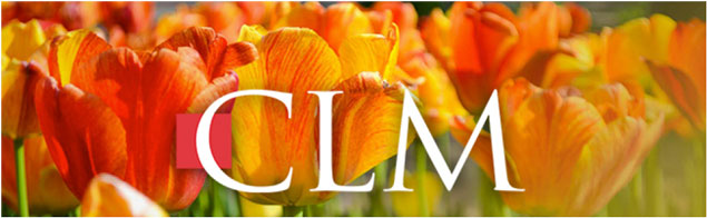 A graphic that shows the CLM logo on top of a picture of orange flowers in a field.