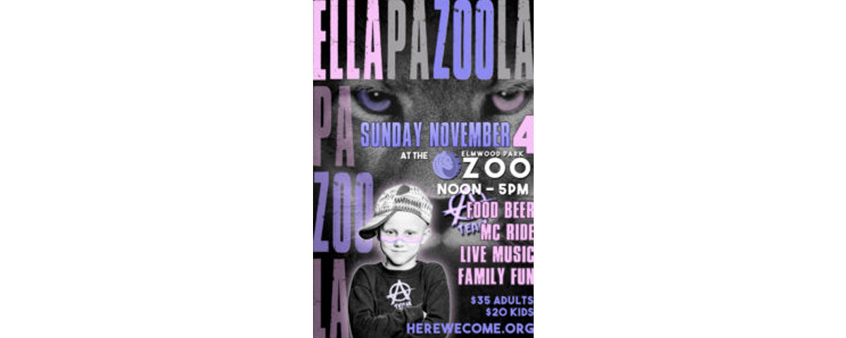 Flyer design for event called ellapalooza. The add contains text information in a variety of colors ranging from pink, purple and gray. The background images contain the eyes of a lion with different colored eyes. On the bottom of the flyer is an image of a young girl wearing pink shades and hat to the side. Her arms are crossed and an A design can be seen.