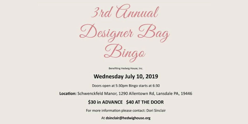 A graphic promoting an annual designer bag bingo. The flyer has the title written in a pink scrip and below has details about the event listed in black. The background is a pinkish white tone.