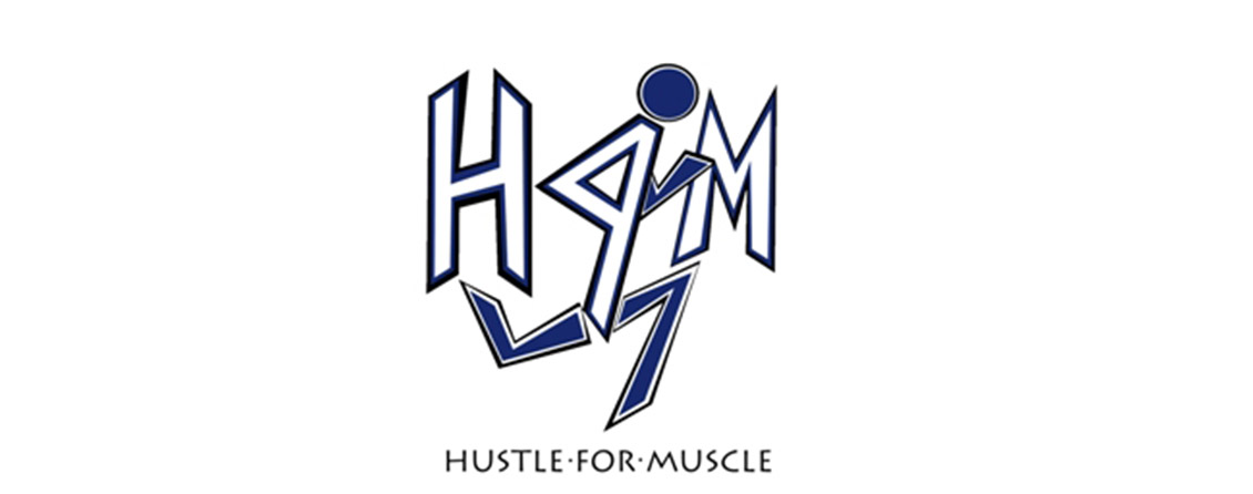 Hustle 4 Muscle Logo: shows the initials H4M in white. The 4 creates a running man icon with the addition of a circle head and limbs shown in blue shapes. The words “HUSTLE FOR MUSCLE” are shown below.