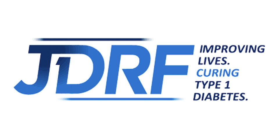JDRF logo contains bold blue font for the initials. On the right the words “ Improving, Lives, Curing, Type 1, Diabetes”