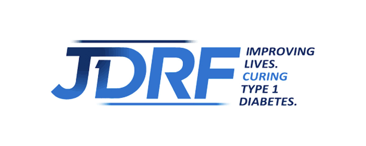 JDRF logo contains bold blue font for the initials. On the right the words “ Improving, Lives, Curing, Type 1, Diabetes”