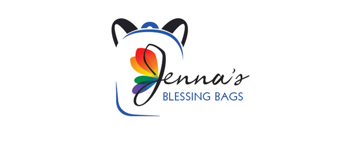 Jenna’s Blessing Bags Logo. Script font spells out Jenna’s with a thin font spelling out “BLESSING BAGS” underneath. A graphic of a backpack is shown to the left around the j of Jenna. The j has a rainbow butterfly wing design to the left.