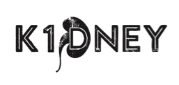 A graphic logo for the K1dney organization. The logo spells Kidney but the I is a 1 and the d is a silhouette of a human kidney.