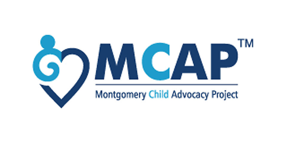 MCAP Logo, in all caps the initials of Montgomery Child Advocacy Projects are spelled out. Below is the entire name in smaller font. The text is in dark blue color with “child & C” highlighted in light blue. To the left a heart graphic is shown in dark blue to match. The top left section creates a swirl with a circle on top. Creating the image of a human figure and arm.