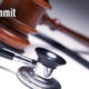 Banner images with text content reading “Medical Legal Summit”. Below its list the date and city the meeting event will be held. The background image shows a stethoscope with a judge gavel.