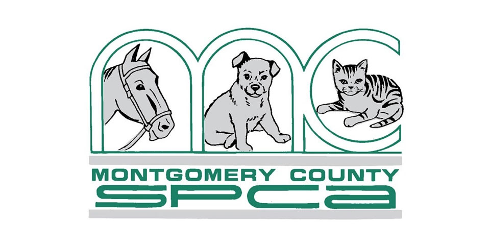 Montgomery County SPCA logo. Contain illustrations of a horse, dog and cat.