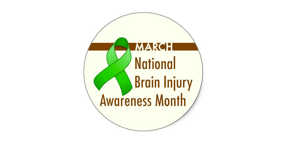 National Brain Injury Awareness Month Logo. Logo is within a tan circle. Green ribbon is shown. Brown stripe crosses over with month of march listed.