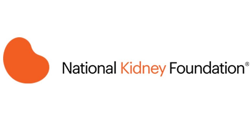 National Kidney Foundation Logo. The graphic has an orange shape to the left that is in the shape of a human kidney. On the right is the thin text that spells out the foundation's name. Kidney is highlighted in orange.
