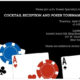 The graphic promotes a poker tournament. Contains text content with details about the events location and date. Towards the bottom is graphics of playing cards with poker chips.