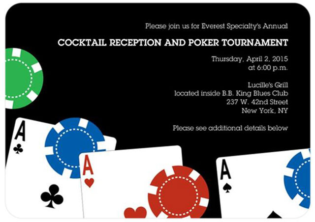 The graphic promotes a poker tournament. Contains text content with details about the events location and date. Towards the bottom is graphics of playing cards with poker chips.