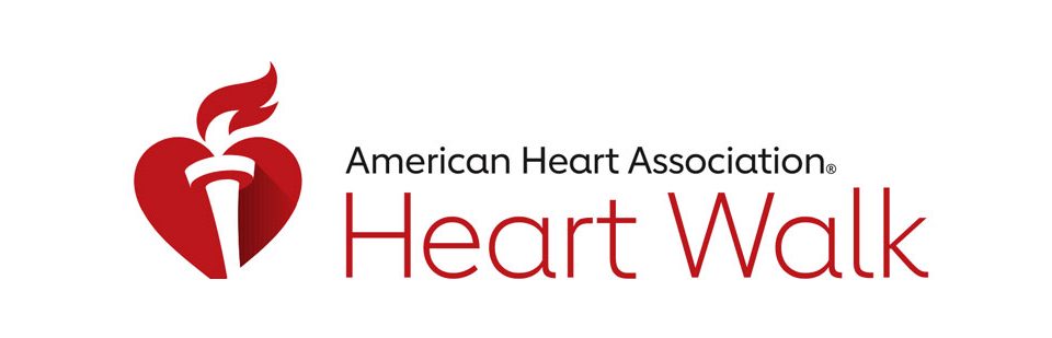 Logo for Heart Walk by American Heart Association. A graphic to the right shows a lit torch on top of a heart.