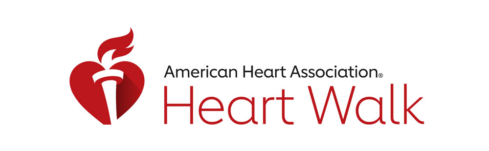 Logo for Heart Walk by American Heart Association. A graphic to the right shows a lit torch on top of a heart.