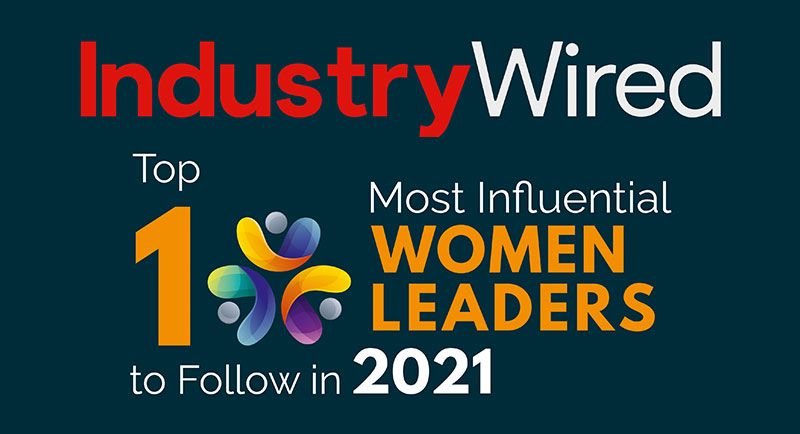 Graphic for industry wired that RK is the top ten most influential woman leaders to follow in 2021. The zero in the 10 is created from an abstract design.
