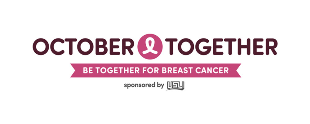 Logo for October- Together Breast Cancer Fundraiser. Between the main text towards the top sits a breast cancer ribbon in a dot. In a banner “BE TOGETHER FOR BREAST CANCER”. Sponsored by USLI.