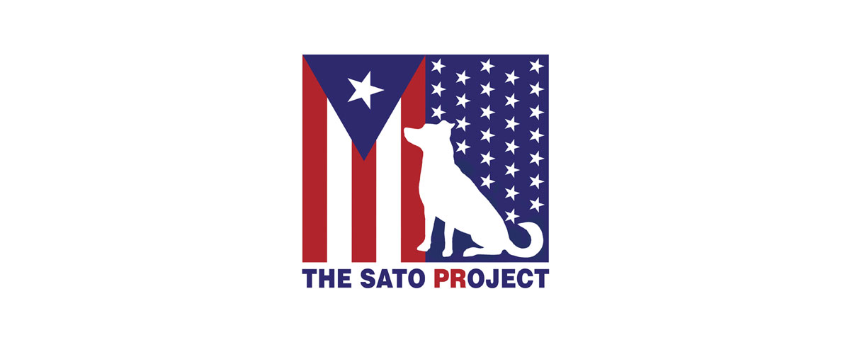 Sato Project Logo. Organization that raising money to rescue abandoned dog is Puerto Rican. The graphic shows the Puerto Rican flag and star banner pointing downward. On top of the flags is a silhouette of a dog. Under the flags “THE SATO PROJECT” is written out in blue. “PR” is highlighted in red.
