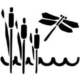 A graphic logo for Perkiomen Watershed Conservancy’s. The logo show a geometric styled dragonfly flying over a pond scene. A line with a wave design is place towards the bottom with graphic cat tail plants depicted to the left.
