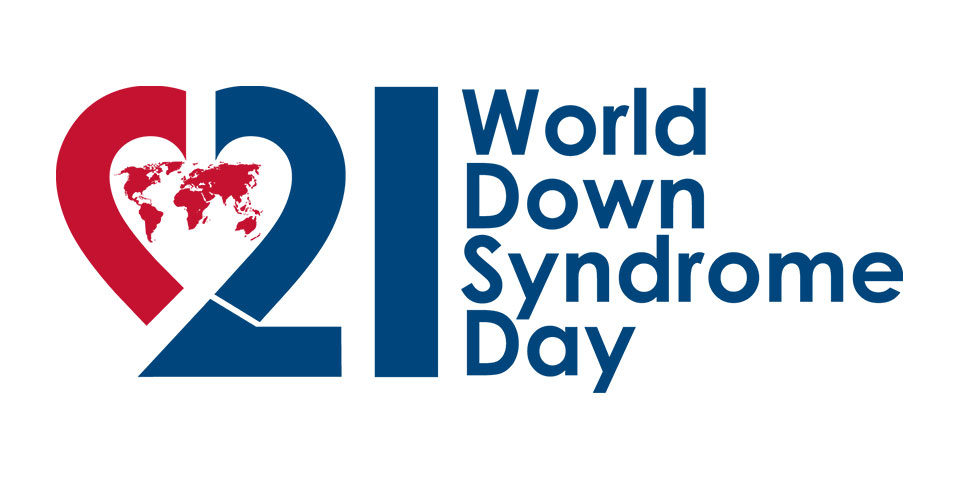 World Down Syndrome Day Logo. Graphic shows text on the right spelling the events name in dark blue. To the left is a heart shape with the world map in the center. The right side of the heart is created by the arch of 21 the year of the event. The left side continues the shape with a red arch